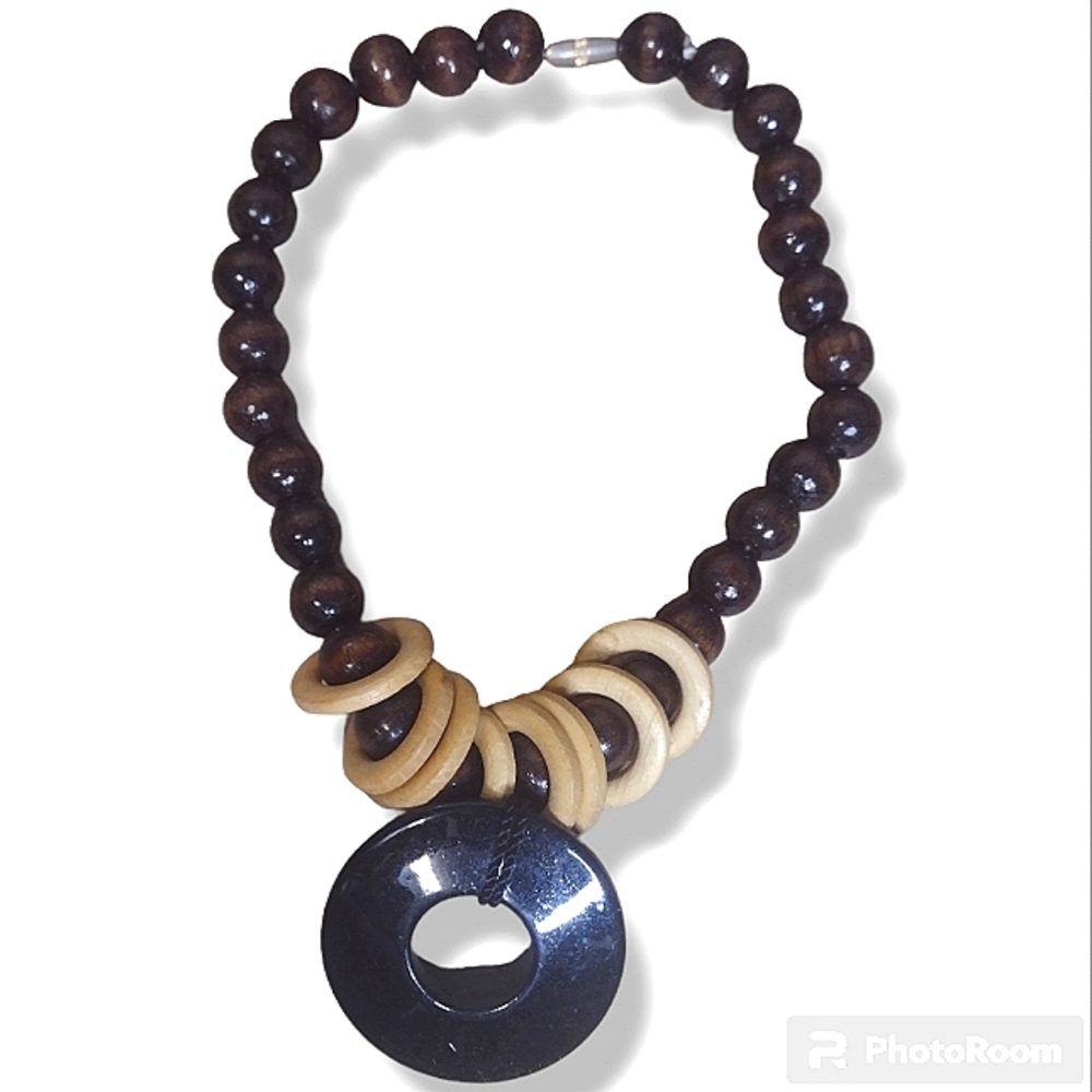 Vintage Brown, Tan & Black Wood & Acrylic Beaded Necklace with Circular Pendant